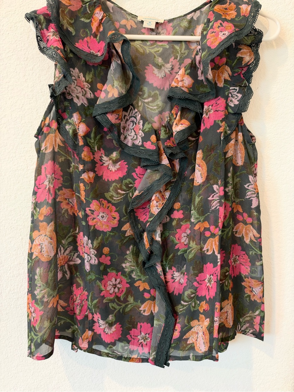 Sundance Floral Ruffle Camisole - Dark Green with Pink & Orange Blooms